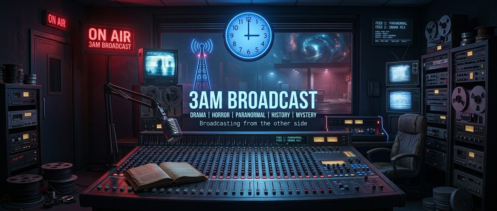 3AM Broadcast control room, on-air sign lit, drama, horror, paranormal, history, and mystery — broadcasting from the other side